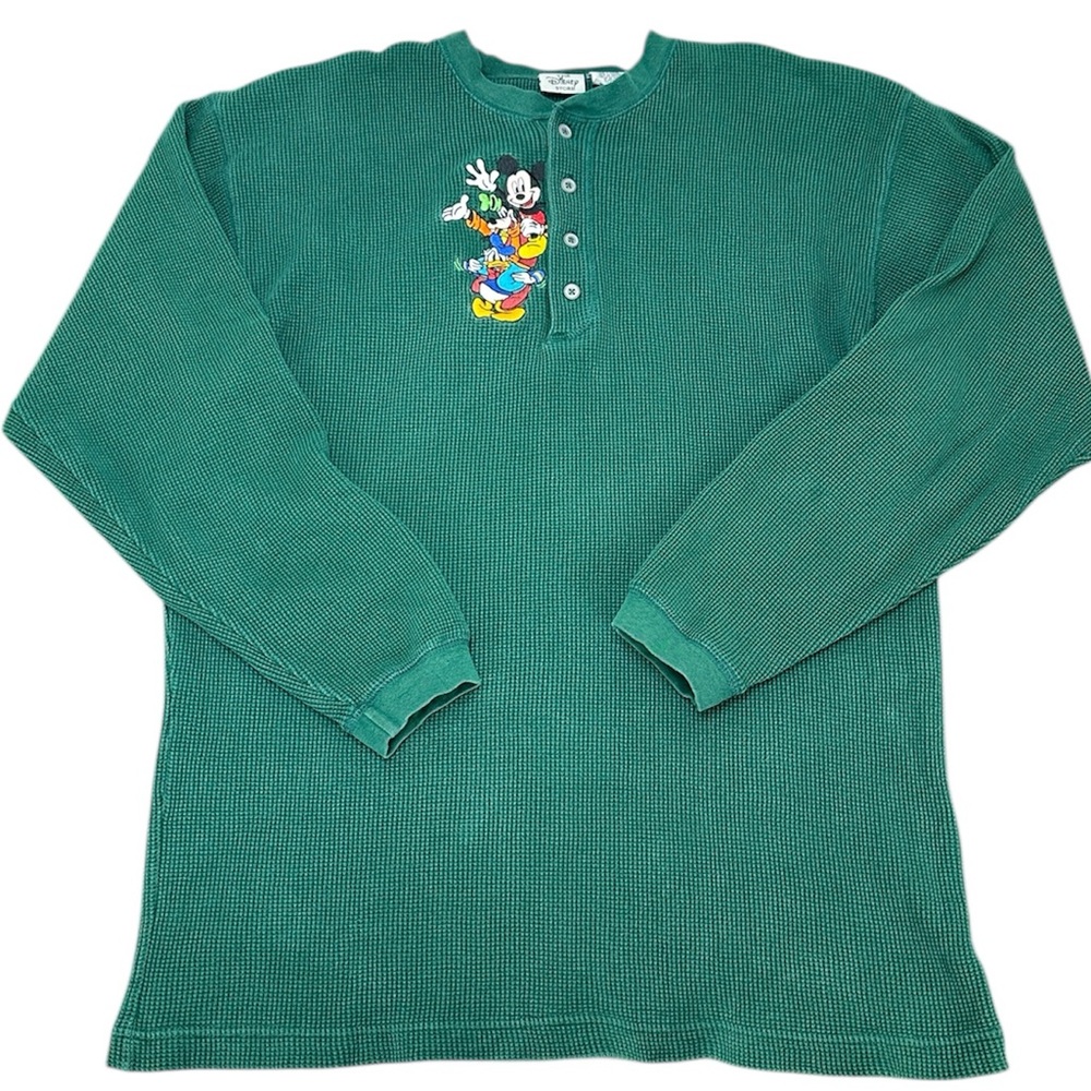 Disney Store Green Waffle Knit LS Henley L Embroidered Mickey Donald Duck Goofy